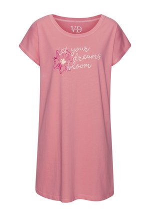 Rosa Kurzarmkleid mit rundem Ausschnitt, mit einem Blumenmotiv und dem Text "Let your dreams bloom" auf der Vorderseite.