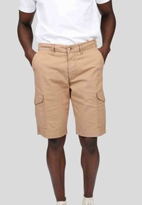 Shorts cargo beiges avec deux poches latérales, fermeture à bouton et détails cousus. Fabriqués en tissu léger avec une coupe décontractée.