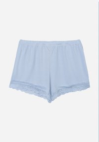 Șorturi din bumbac de culoare albastru deschis, cu o dantelă la tiv, având o talie elastică pentru confort și un croi lejer. Textură netedă pe întreaga suprafață.