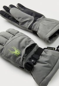Gants gris en tissu résistant avec des accents noirs. Ils sont dotés d'un logo d'araignée, de sangles ajustables et d'une poche zippée.
