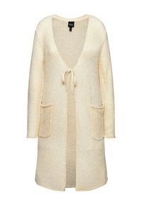 Cardigan in maglia crema con maniche lunghe, scollatura a V profonda, chiusura con fiocco e due tasche frontali. Texture morbida con un motivo sottile in tutto il capo.