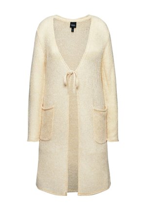 Cardigan in maglia crema con maniche lunghe, scollatura a V profonda, chiusura con fiocco e due tasche frontali. Texture morbida con un motivo sottile in tutto il capo.