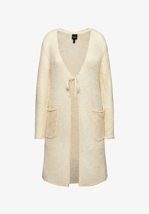 Cardigan in maglia crema con maniche lunghe, scollatura a V profonda, chiusura con fiocco e due tasche frontali. Texture morbida con un motivo sottile in tutto il capo.