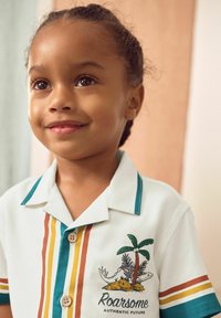 Short-sleeve, collared shirt in white with green, orange, and yellow stripes. Features a graphic with a palm tree and text "Roarsome."