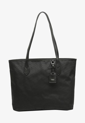 Musta kankainen olkalaukku, jossa on kaksi pitkää kahvaa, sileä pinta, ylhäältä avattava vetoketju ja pieni nahkainen merkki kiinnitettynä.