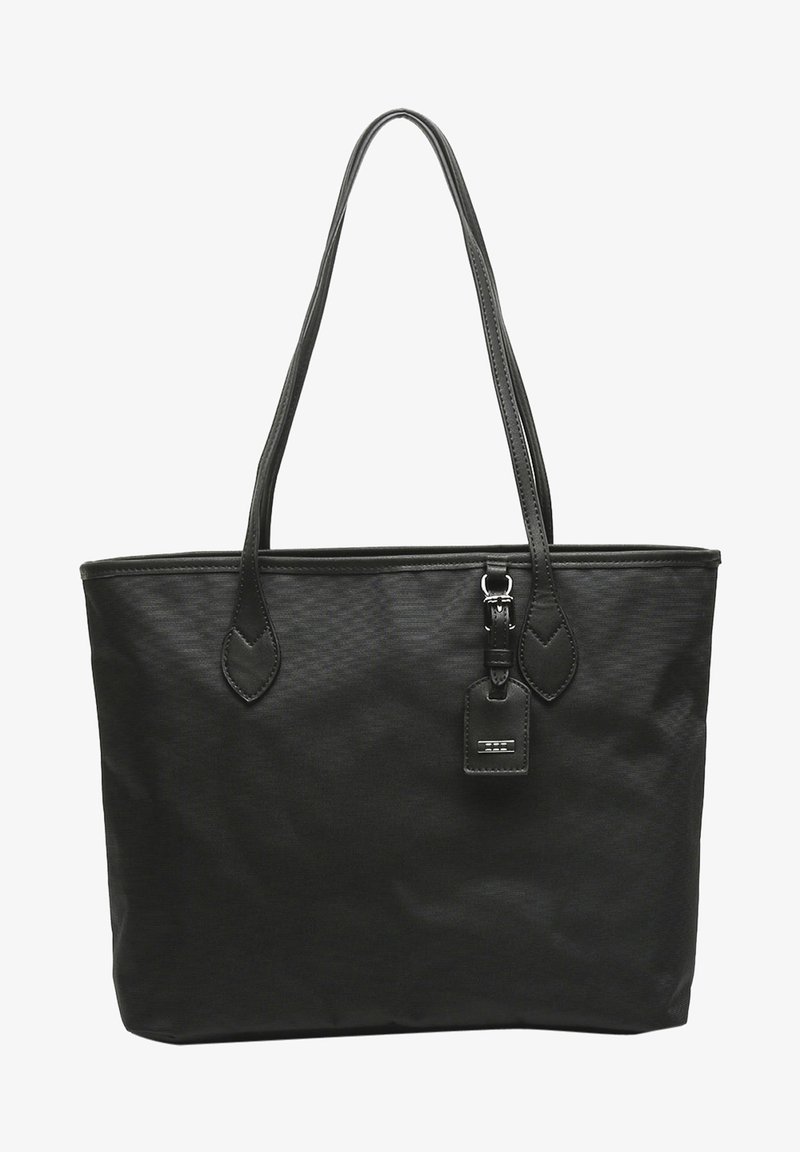 Borsa a tracolla nera in tessuto con due lunghe maniglie, superficie liscia, chiusura superiore con zip e un piccolo tag in pelle attaccato.