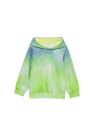 Sweatshirt à capuche présentant un dégradé allant du bleu au vert, fabriqué en matériau doux avec des poignets côtelés et une doublure de capuche jaune clair.
