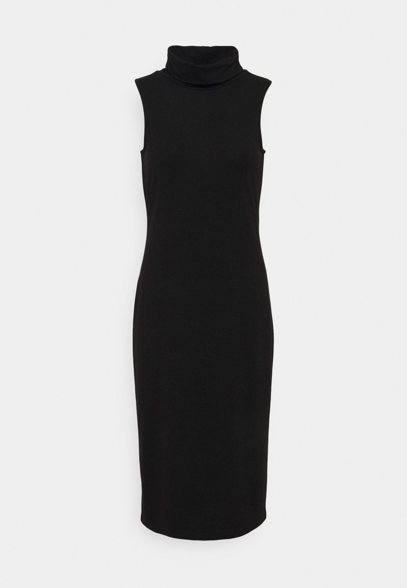 Robe midi noire sans manches avec une silhouette ajustée et un col roulé haut sur un fond uni clair.