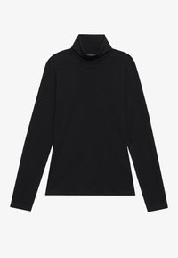 Black long-sleeve turtleneck top made of soft cotton material, featuring a fitted design and minimal seams for a smooth appearance.
