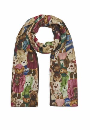 Écharpe avec des ours en peluche colorés portant des vêtements et des accessoires imprimés sur un fond beige.