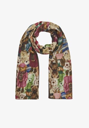 Écharpe avec des ours en peluche colorés portant des vêtements et des accessoires imprimés sur un fond beige.