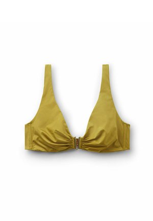 Top de bikini verde oliva con tirantes anchos y cierre metálico frontal, detalle ligeramente fruncido en el centro y textura de tela suave.