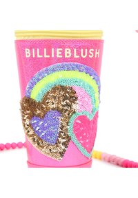 Ροζ ποτήρι με παγιέτες, διακοσμημένο με πολύχρωμες καρδιές και ουράνια τόξα, χρυστό φερμουάρ και υφή επιφάνειας. Διακοσμημένο με την ετικέτα "BILLIEBLUSH".