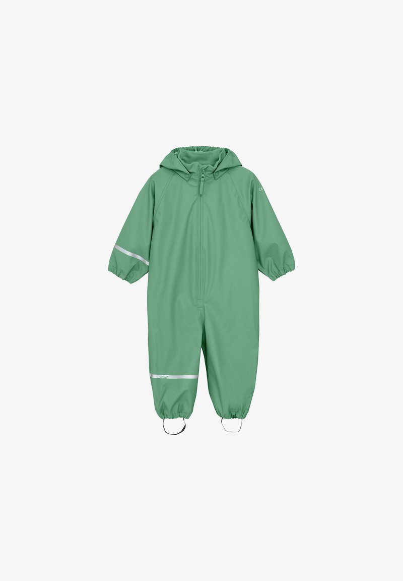 Grön vattentät overall med frontdragkedja, elastiska ärmslut och justerbar huva. Har reflexstripe på armarna och benen.