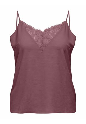 Mauve spaghetti-strap hemdje met V-hals afgezet met kant en een gedetailleerde gestructureerde stof, dames top zonder mouwen.