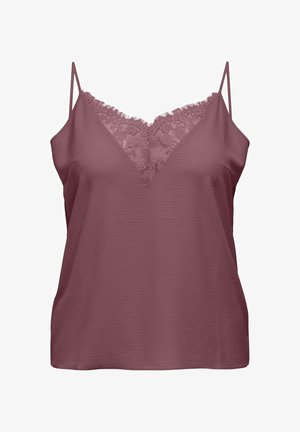 Mauve spaghetti-strap hemdje met V-hals afgezet met kant en een gedetailleerde gestructureerde stof, dames top zonder mouwen.