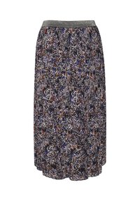 Knee-length kjol med blommönster som har en flerfärgad design i svart, lila, orange och blått med ett silverfärgat elastiskt midjeband.