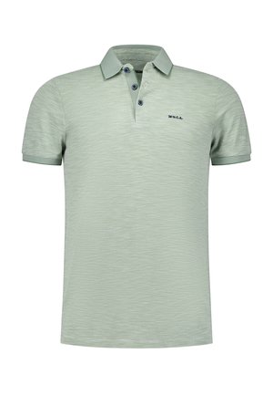 Lichtgroen polo-shirt met een gestructureerd patroon, korte mouwen, een drie-knopen sluiting en een marineblauw logo op de linkerborst.