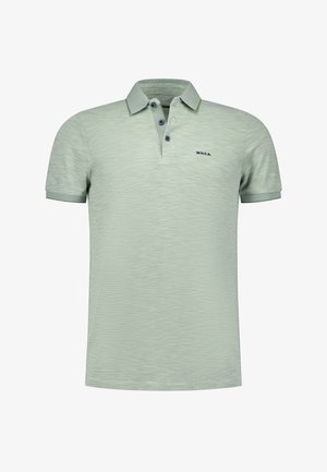 Lichtgroen polo-shirt met een gestructureerd patroon, korte mouwen, een drie-knopen sluiting en een marineblauw logo op de linkerborst.