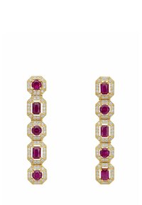 Gold earrings featuring a series of octagonal shapes set with deep pink gemstones and clear diamonds, arranged in a vertical alignment.