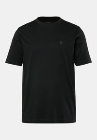 Sort bomulds t-shirt med korte ærmer, rund hals og et diskret "JP 1860" logo i mørk tryk på brystet. Glat overflade, enkelt design.