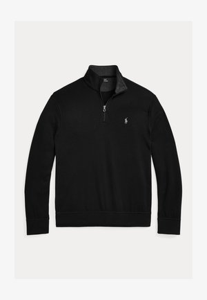 Svart genser med kvart-zip krage. Laget av myk stoff, har en grå indre krage og en liten logo på brystet.