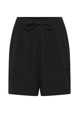 Schwarze Freizeithose mit elastischem Bund und Kordelzug, ausgestattet mit zwei aufgesetzten Fronttaschen und einem lockeren Schnitt.