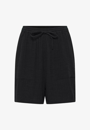 Schwarze Freizeithose mit elastischem Bund und Kordelzug, ausgestattet mit zwei aufgesetzten Fronttaschen und einem lockeren Schnitt.