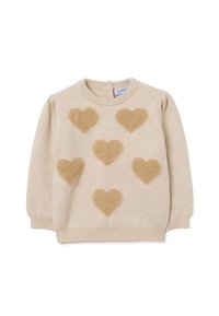 Beige Pullover mit sechs flauschigen beigen Herzformen auf der Vorderseite. Hat einen runden Halsausschnitt und lange Ärmel mit gerippten Bündchen.