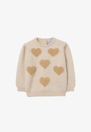 Beige Pullover mit sechs flauschigen beigen Herzformen auf der Vorderseite. Hat einen runden Halsausschnitt und lange Ärmel mit gerippten Bündchen.