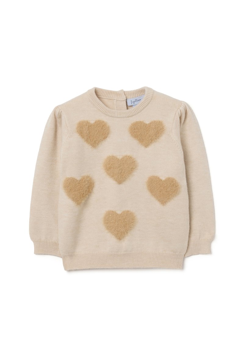 Beige Pullover mit sechs flauschigen beigen Herzformen auf der Vorderseite. Hat einen runden Halsausschnitt und lange Ärmel mit gerippten Bündchen.