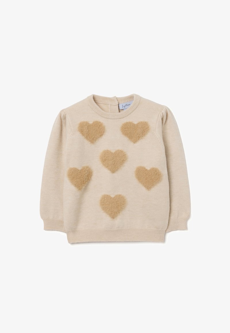 Beige trui met zes pluizige beige hartvormen op de voorkant. Beschikt over een ronde hals en lange mouwen met geribde boorden.