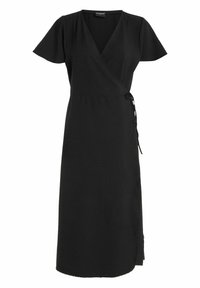 Robe midi noire avec des manches courtes à volant et une fermeture par lien sur le côté, dotée d'un décolleté en V et d'un tissu texturé.