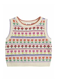 Stickad ärmlös crop top med flerfärgad blommönster i röd, lila, orange och grön på en krämfärgad bakgrund.