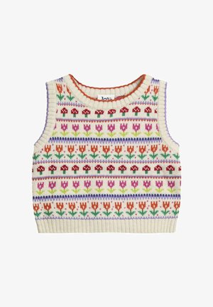 Gestricktes ärmelloses Crop-Top mit mehrfarbigem Blumenmuster in Rot, Lila, Orange und Grün auf einem cremefarbenen Hintergrund.