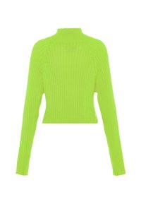 Neon zelený žebrovaný pletený svetr s dlouhými rukávy a stojáčkem, který má přiléhavý pas a texturované vertikální vzory.