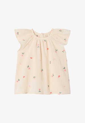 Cream-colored toddler blouse with flutter sleeves and small pink and red floral embroidery scattered across the fabric.