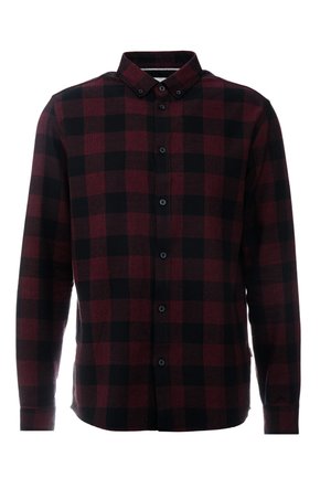 Men’s long-sleeve button-up shirt with black and dark red checkered pattern and a buttoned collar.