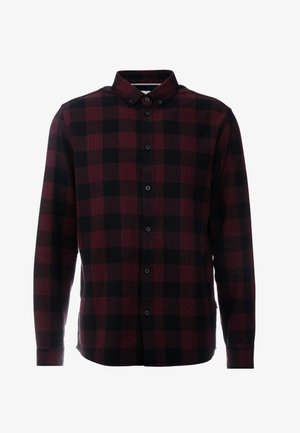 Chemise homme à manches longues avec motif à carreaux noir et rouge foncé et col boutonné.