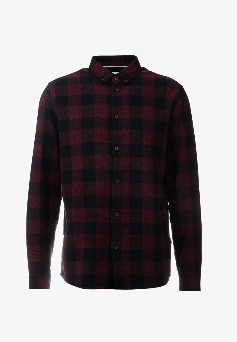 Chemise homme à manches longues avec motif à carreaux noir et rouge foncé et col boutonné.