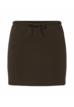 Bruine, knielange rok van zacht materiaal met een elastische tailleband en trekkoord. Gladde textuur, geen extra patronen of versieringen.