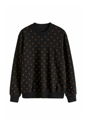 Sweatshirt noir avec un motif orange petit et répétitif, col arrondi, manches longues et bords côtelés au niveau des poignets et de l'ourlet. Texture douce.
