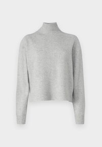 Grauer Rollkragenpullover aus weichem Strickstoff. Verkürztes Design mit langen Ärmeln sowie gerippten Bündchen und Saum. Glatte Textur, minimalistische Details.