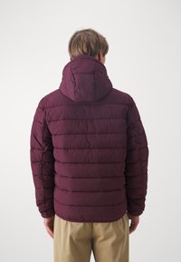 Bordo prešito puhovko z kapuco, z vodoravnimi šivi in elastičnimi manšeti, v kombinaciji s kaki hlačami. Gladka tekstura, lahka zasnova.
