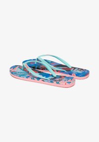 Flip flops med et blåt og pink blomsterdesign, med teal remme og teksturerede såler. Letvægts og lavet af gummi.