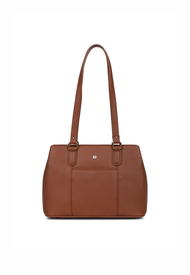 Bruine leren totebag met twee lange handvatten, gestructureerd oppervlak, voorkantvak en een ronde metalen logo-detail in het midden.