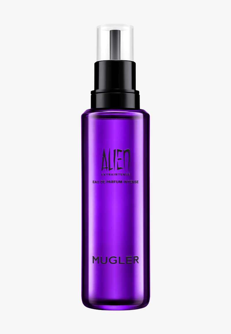 Lilla cylindrisk sprayflaske mærket Alien Extraintense Eau de Parfum Intense af Mugler med en sort og gennemsigtig pumpehætte.