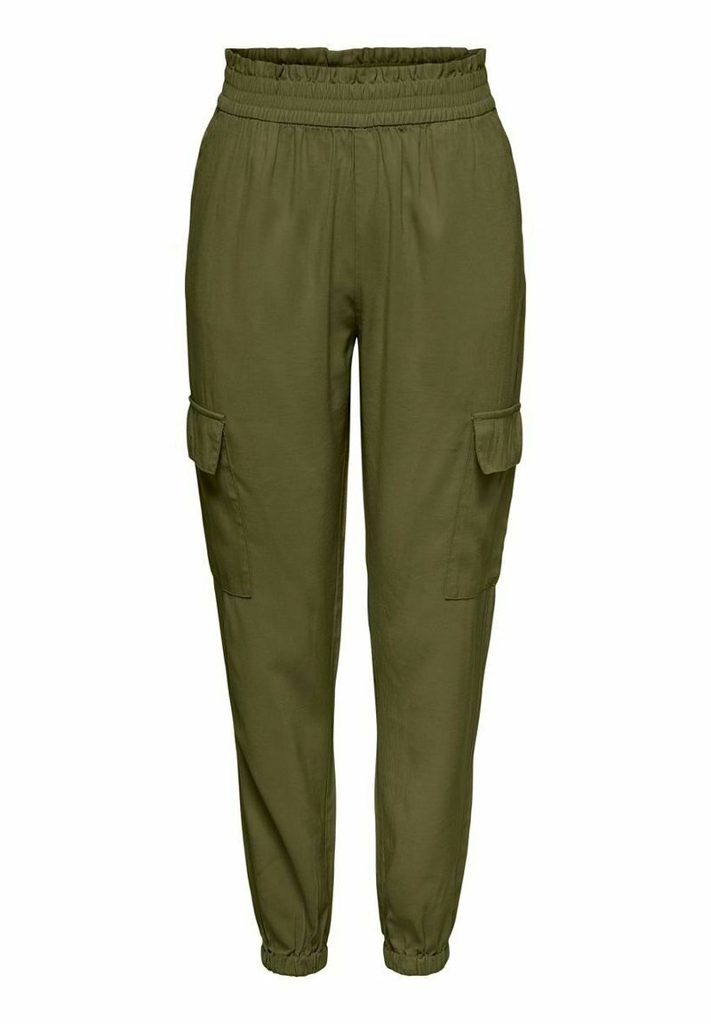 Pantalons cargo verts olive avec une taille élastique, des poignets froncés et deux poches latérales. Tissu lisse avec une coupe décontractée.