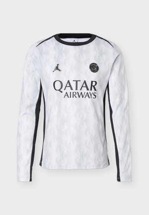 Wit voetbalshirt met lange mouwen, subtiel cirkelpatroon, zwarte bies, Paris Saint-Germain- en Jordan-logo's, en sponsornaam "Qatar Airways".