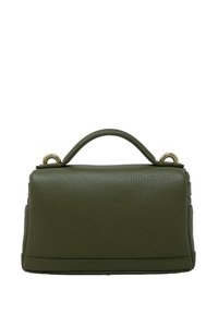 Grön l�äderhandväska med en strukturerad form, övre handtag och detaljer i guldfärgade metallaccenter. Texturerad yta med synliga sömnadsdetaljer.